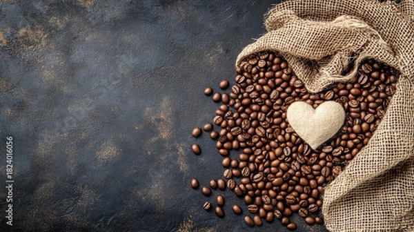 Obraz Heart-Shaped Delight Coffee Beans spilling from a burlap sack with a heart accent, a coffee lover's symbol