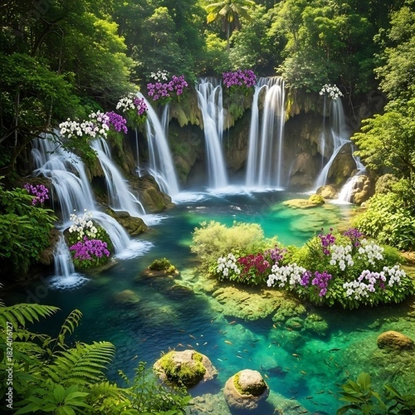 Obraz Enchanting Waterfall Oasis - A Lush Paradise of Cascading Beauty.