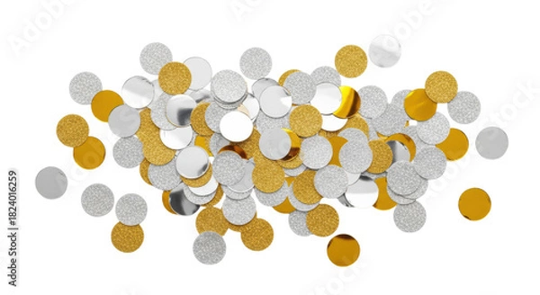 Fototapeta Elegant gold and silver confetti with metallic and glitter textures in a flat lay on a transparent background. Luxurious celebratory concept