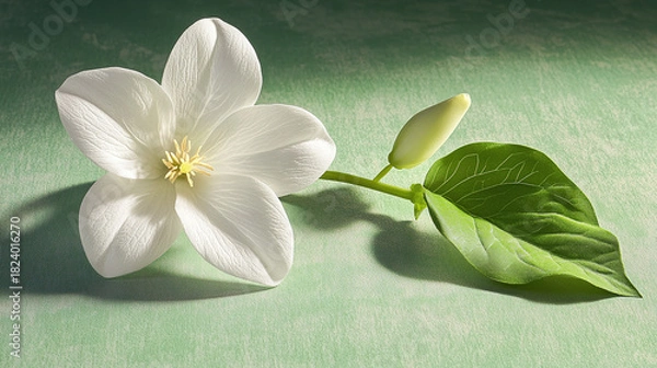 Obraz Delicate white flower with a green leaf and bud on a textured green background, showcasing natural beauty