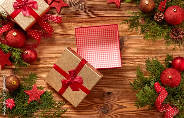 Obraz Christmas gift box and decorations