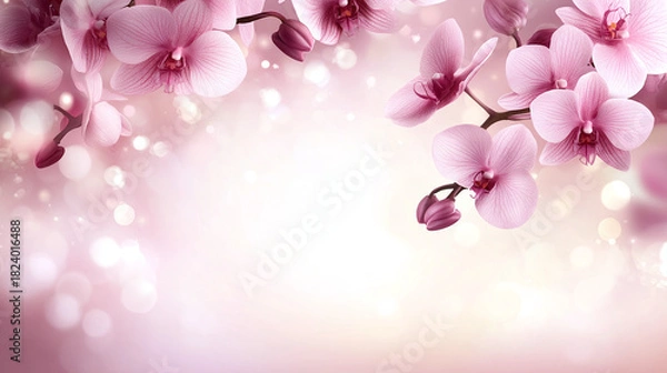 Obraz Elegant branch of blooming pink phalaenopsis orchids against a soft, shimmering light background with beautiful bokeh effect