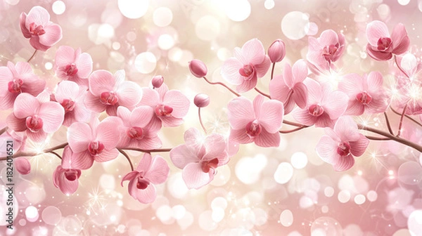 Obraz Elegant pink orchid blossoms on a luminous bokeh background, celebrating natural beauty and serene floral grace in a soft, dreamy springtime setting, perfect for romantic and tranquil designs