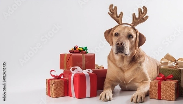 Obraz labrador retriever with antlers headban sitting next to christmas gifts on white background; free space for text