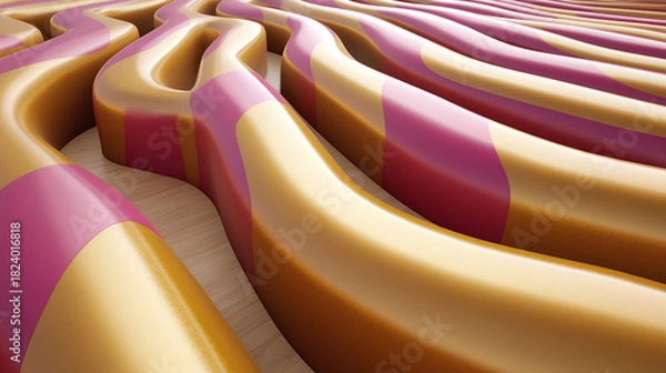 Obraz Dynamic 3D abstract background featuring undulating golden and magenta stripes, creating a captivating and fluid modern design with a rhythmic visual texture