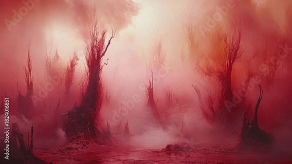 Obraz Visionary Crimson Woods An Atmospheric Digital Painting Capturing an Otherworldly Realm with Gnarled Trees and Glowing Red Haze