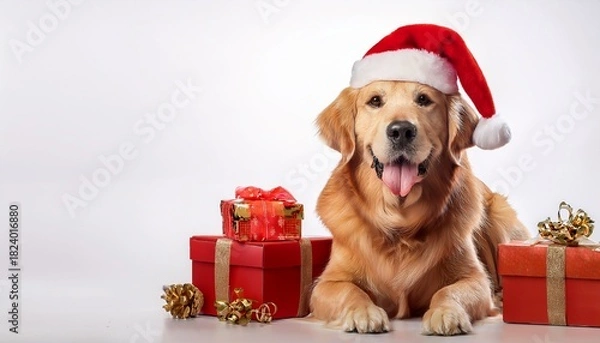 Obraz golden retriever with santa hat sitting next to christmas gifts on white background; free space for text