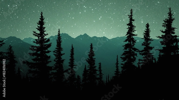 Obraz Tranquil wilderness landscape with silhouetted evergreen trees and distant mountains under a glowing, starry night sky