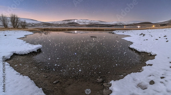 Obraz Winter Reflection Snow-Covered Landscape Under a Starry Sky with a Reflective Pond