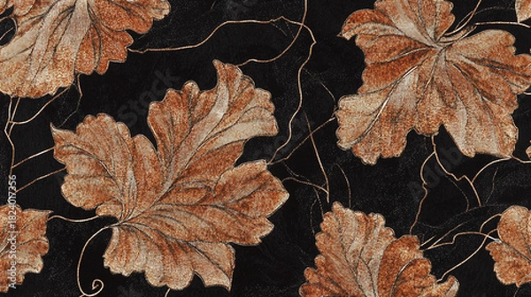 Obraz Autumnal Elegance Dark Floral Pattern with Golden Grape Leaves