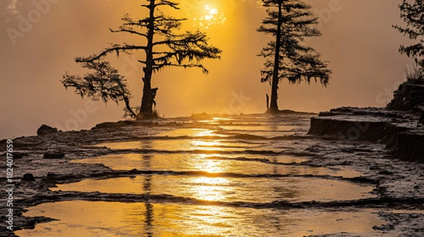 Obraz Golden sunset illuminates a serene natural landscape with trees reflected in water pools on a cliff edge