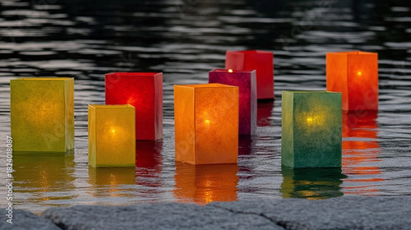 Obraz Floating Lanterns Reflecting Light on Water Surface