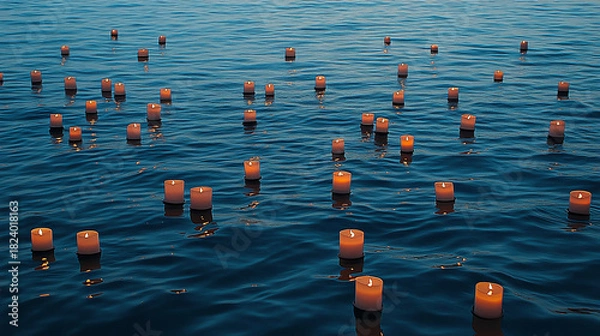 Obraz Floating Candles on Water at Dusk A Peaceful Scene of Reflection and Remembrance for Social Events