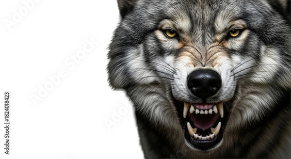 Fototapeta Snarling gray wolf with intense yellow eyes and bared fangs in a dramatic studio portrait on black. Concept of primal aggression and danger
