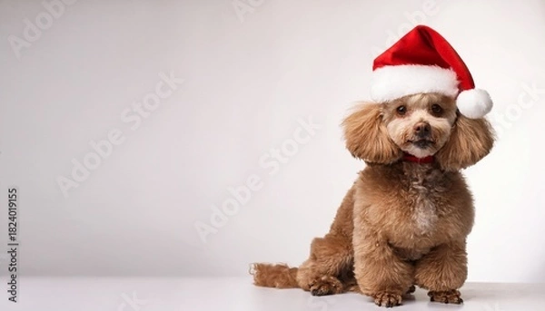 Obraz poodle with santa hat on white background; free space for text