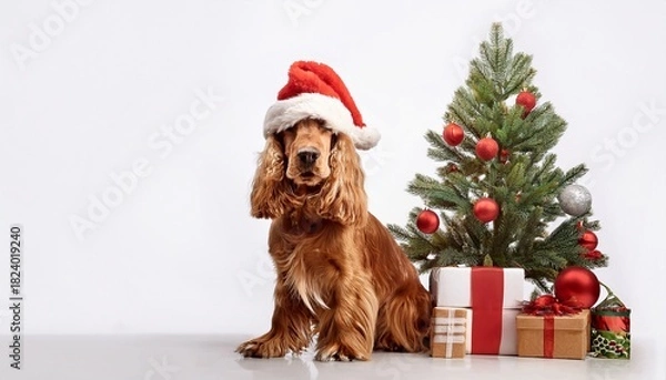 Obraz cocker spaniel with santa hat sitting next to christmas tree on white background; free space for text