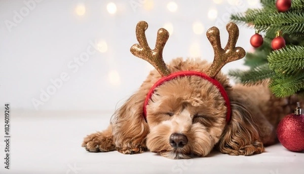 Obraz poodle with antlers headban sleeping under christmas tree on white background; free space for text