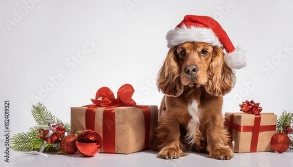 Obraz cocker spaniel with santa hat sitting next to christmas gifts on white background; free space for text