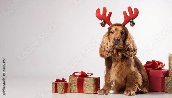 Obraz cocker spaniel with antlers headban sitting next to christmas gifts on white background; free space for text