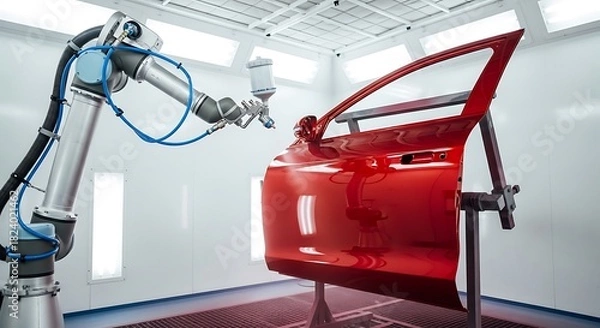 Fototapeta Robotic arm painting a red car door in an automated factory.