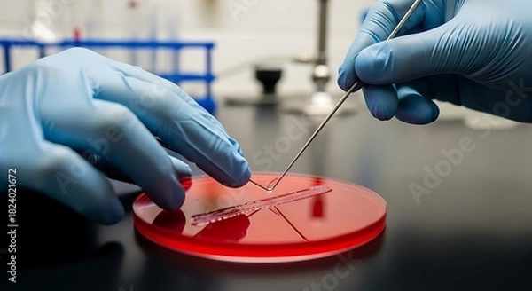 Fototapeta Close up of scientists hands in blue gloves working with petri dish and tools in a laboratory.