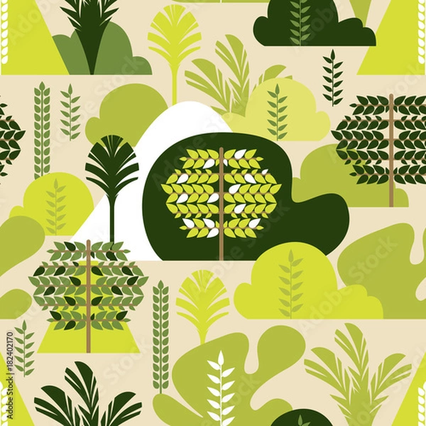 Obraz Seamless pattern. Trees broadleaf tropical in a flat style. Preservation of the environment, forests. Park, outdoor. Vector illustration.