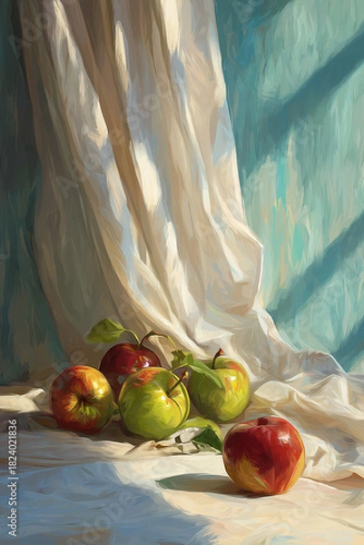 Obraz Artistic still life of fresh apples arranged on soft white drapery, painted in an oil-style look. Warm light, subtle textures and a classic painterly atmosphere.