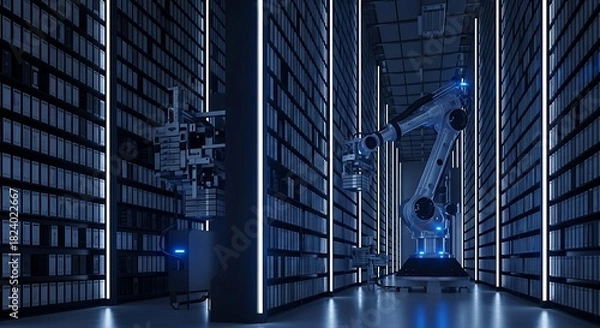 Fototapeta Futuristic Robotic Arm in a Dark, Neon-Lit Server Room with Data Racks.