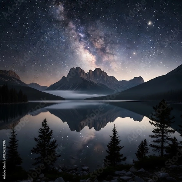 Obraz Milky Way Reflection over Calm Lake in Mountain Landscape.