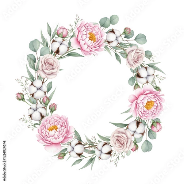 Fototapeta A delicate watercolor wreath with pink peonies, roses, and cotton on a transparent background with copy space. Romantic and festive celebration concept