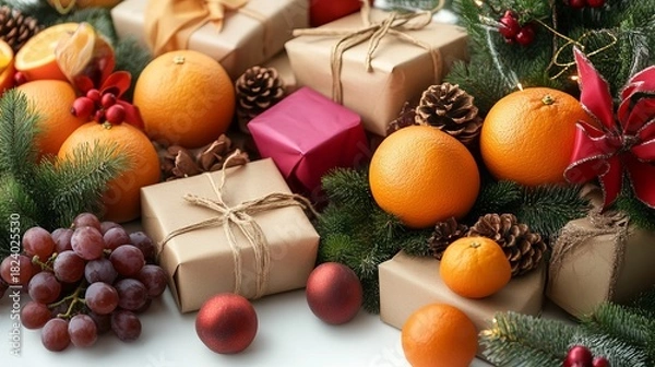 Fototapeta Fresh oranges arranged in a wooden bowl surrounded by festive decorations and gifts, creating a warm holiday atmosphere with vibrant colors