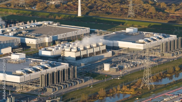 Obraz Aerial Vertical View: Massive Data Center Cooling Systems.