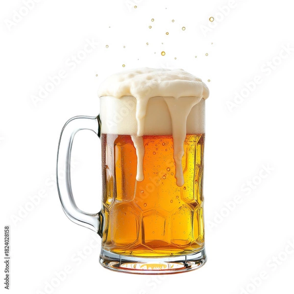 Fototapeta Fresh golden beer in a traditional glass mug with overflowing foam and bubbles, isolated on transparent background