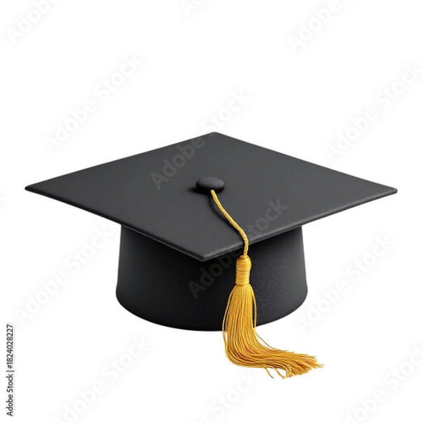Fototapeta Black graduation cap with golden tassel, a symbol of academic achievement, isolated on transparent background