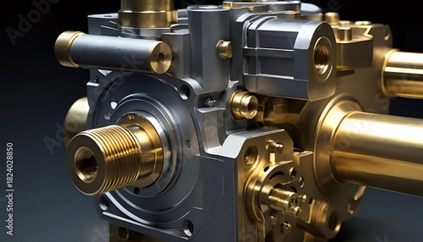 Obraz Detailed view of a complex metallic industrial pump mechanism