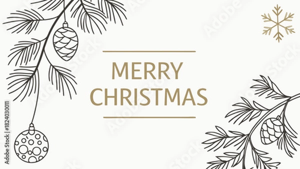 Fototapeta Minimalist Christmas poster with white background, golden typography ‘Merry Christmas’, elegant pine branches and ornaments design, clean layout, modern style