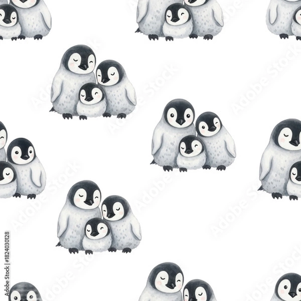 Fototapeta Adorable baby emperor penguin chicks in a watercolor seamless pattern with grey stars on a white background. Gentle nursery decor atmosphere