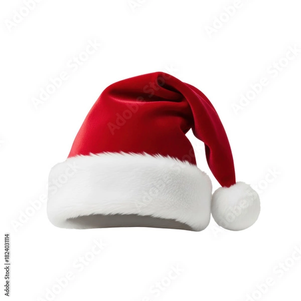 Fototapeta A classic santa claus hat made of red velvet and white fur on a transparent background with a soft shadow. Traditional christmas symbol concept