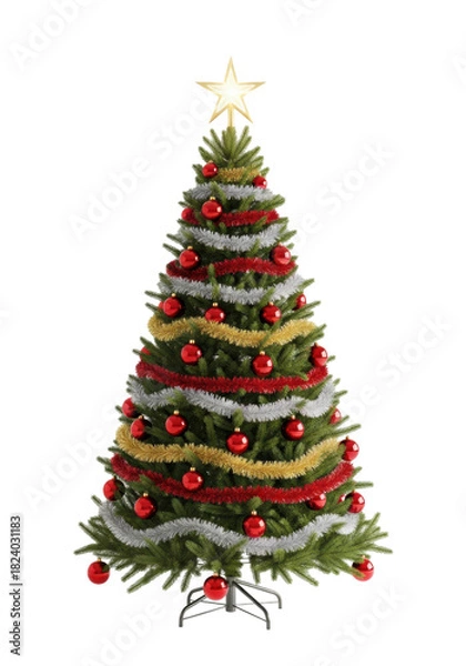Fototapeta Classic christmas tree with red baubles and a gold star on a transparent background with ample copy space. Festive holiday season concept
