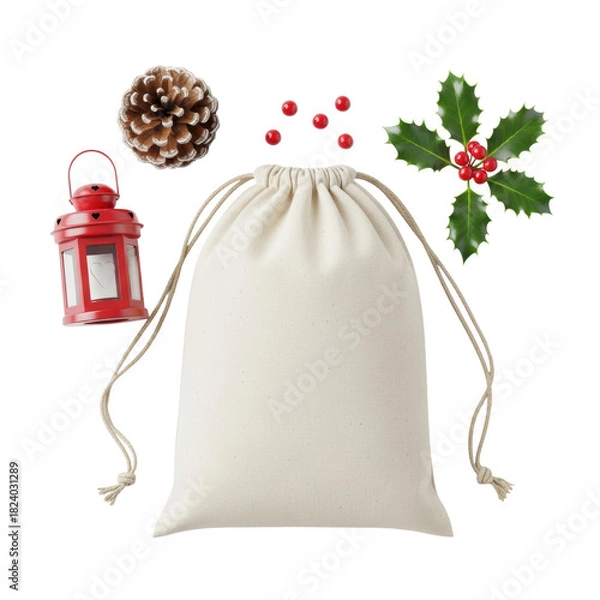 Fototapeta Blank cotton drawstring bag mockup flat lay with christmas decor like a lantern, pinecone, and holly on a white background. Holiday season advertising concept