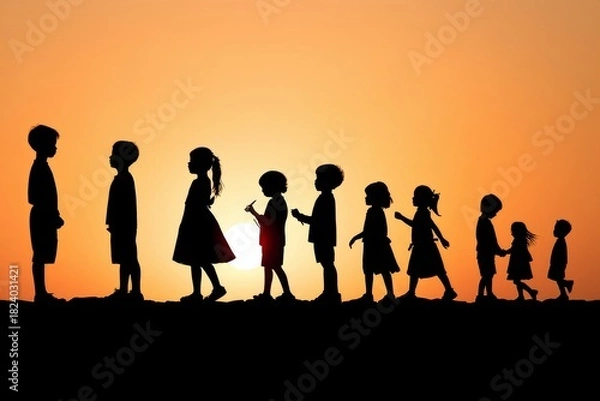 Obraz Progression of Childhood: Silhouettes of Growing Children at Sunset