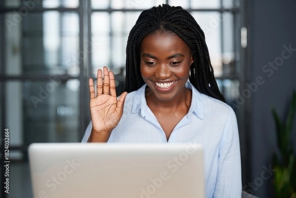 Obraz Smiling Young Woman Waving at Laptop Screen - Remote Communication and Connection