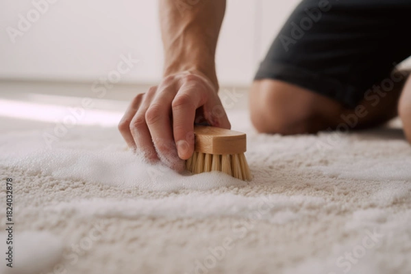 Fototapeta A close-up shot captures a man's hand using a wooden brush to manually clean a white shaggy rug with soap suds. The focus is on the cleaning action. Deep cleaning. Home maintenance.