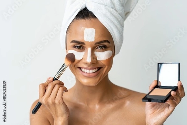 Obraz Smiling Woman with Face Mask, Makeup Brush and Powder - Skincare Routine