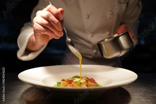 Obraz Chef Plating a Gourmet Dish with Sauce - Culinary Art and Fine Dining