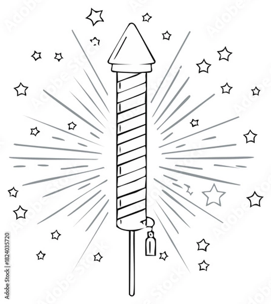 Obraz Hand drawn festive firework rocket with radiating lines and stars illustration