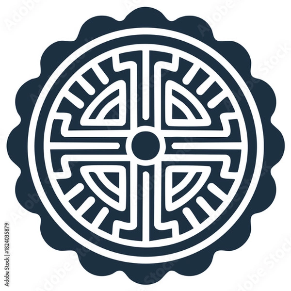 Obraz Geometric Asian Pattern Illustration with Cross-Like Motifs and Ornate Border, Symbolic Graphic Design