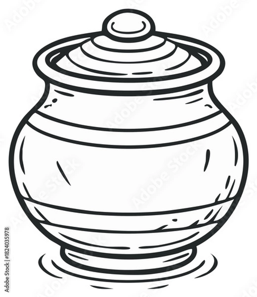 Obraz Stylized black and white line art drawing of a lidded storage pot with a round body and decorative horizontal lines