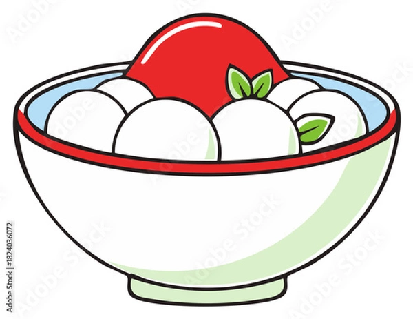 Obraz Charming illustration of sweet white dessert balls in a bowl with vibrant red topping and decorative green leaves