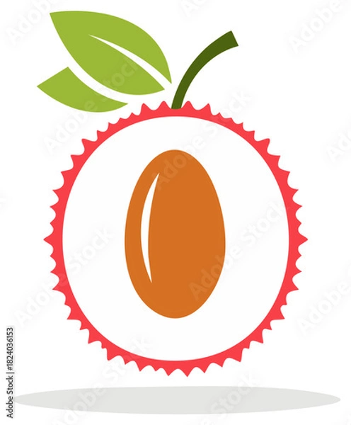 Obraz Stylized Lychee Fruit Slice with Green Leaves and Seed Illustration
